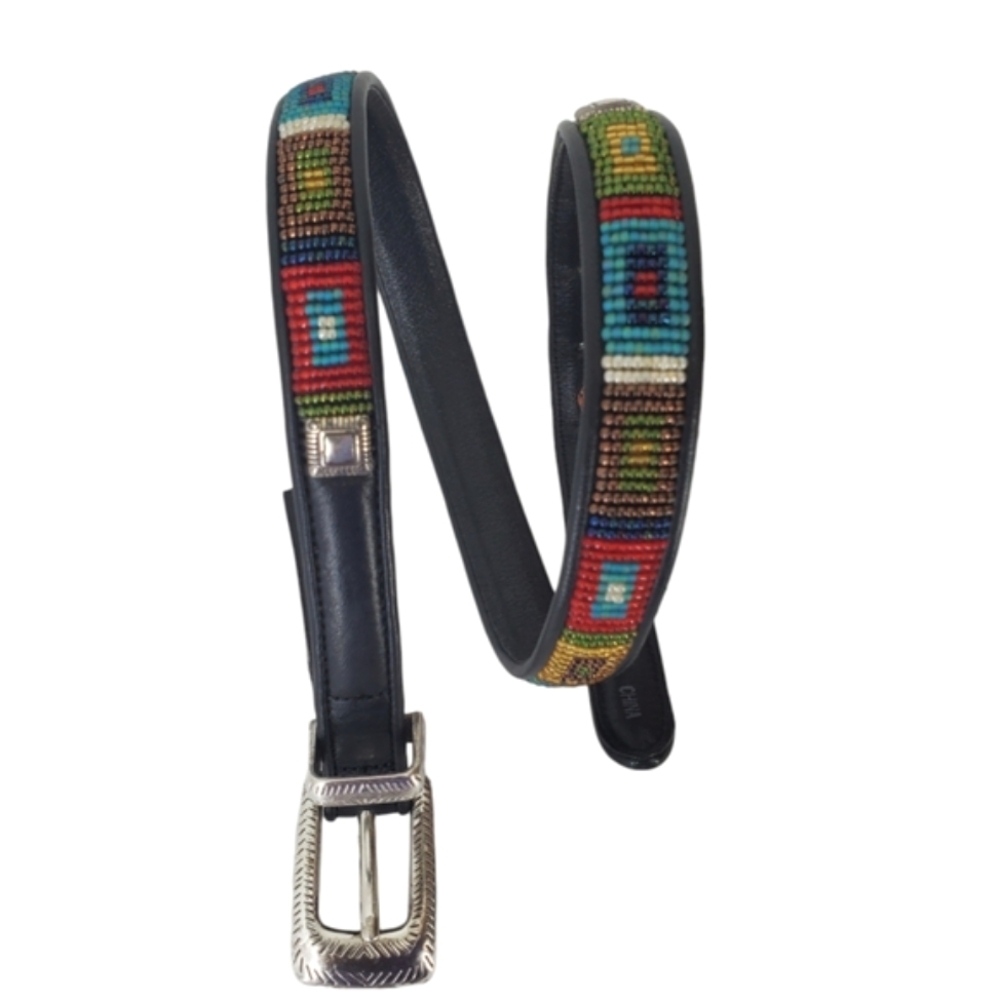 Brighton Vintage Black Leather Beaded Belt Southwestern Folk Festival Sz XS/26